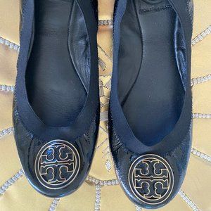 Tory Burch Black Patent Flats with Gold Logo